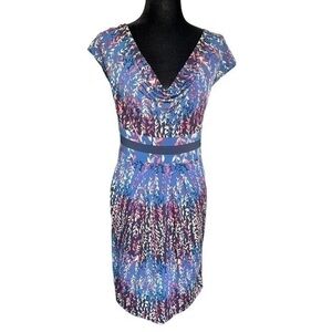 BCBGMAXAZRIA Short Sleeves Scoop Cowell Neckline Floral Belted Dress Size M